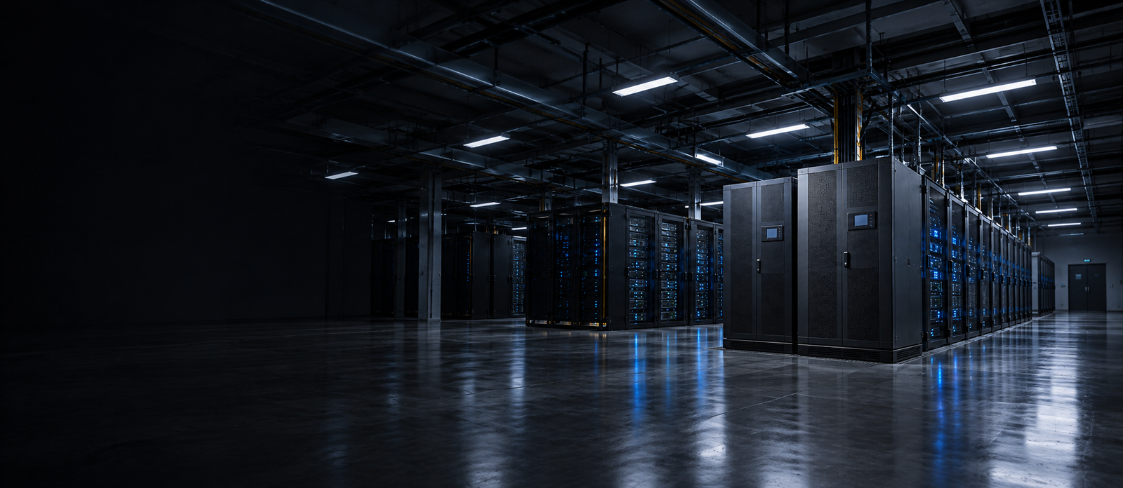 Wide view of UPS equipment in a data center — illustrative scene